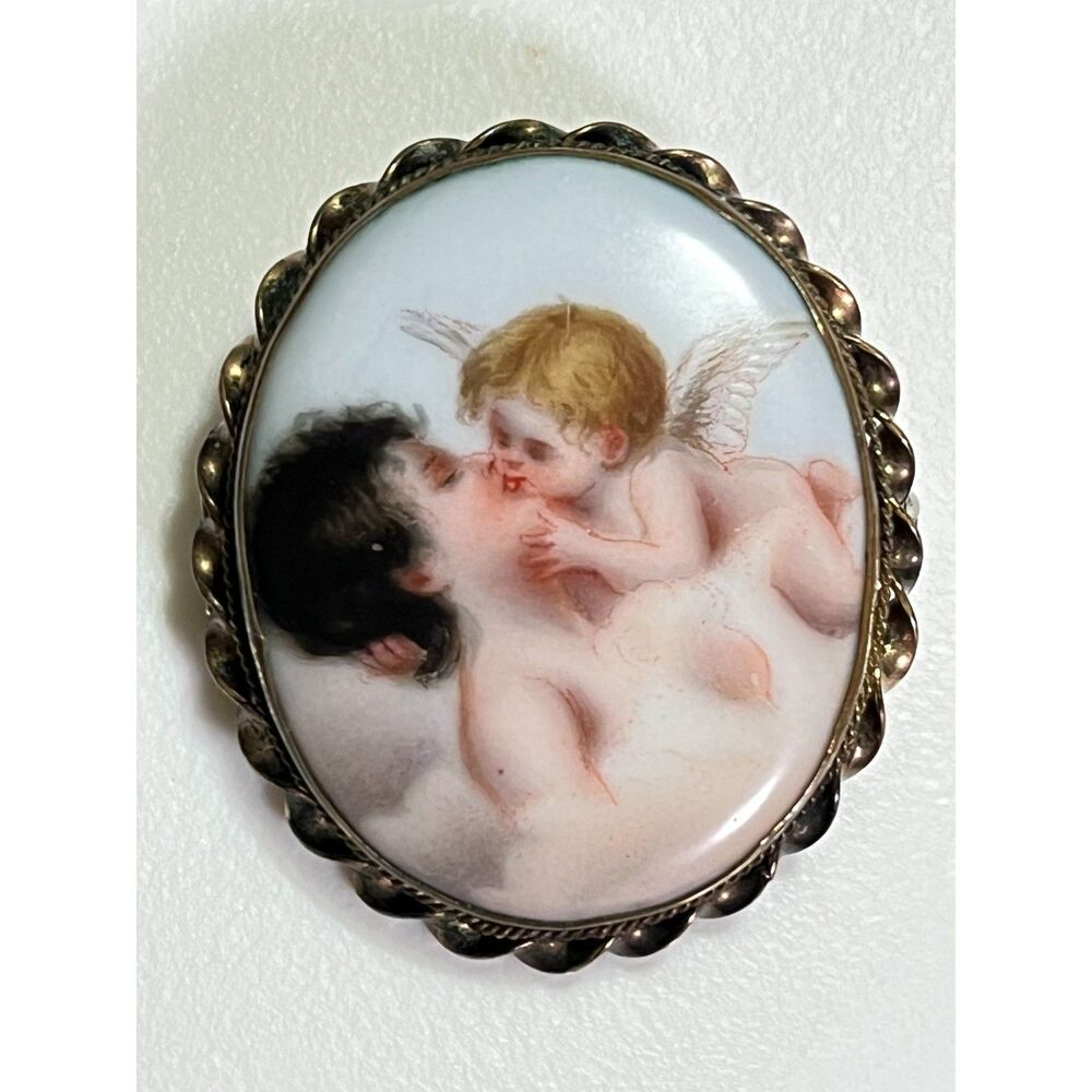 VTG Porcelain Brooch Cupid Kiss Portrait Art Gold Tone Bezel Frame Pin Ceramic